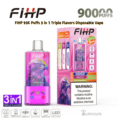 Vape jetable rose FIHP avec un graphique d'aigle étiqueté glace au raisin, illustré à côté d'une boîte rose 3-en-1 triple saveurs.