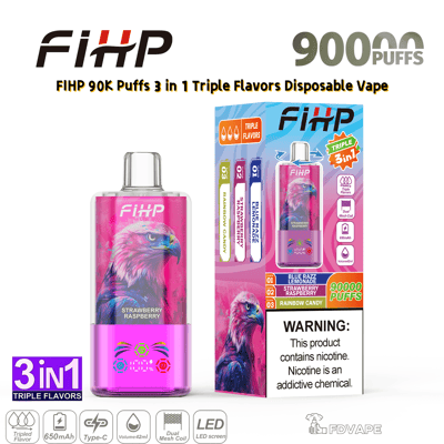Vape jetable FIHP rose avec un motif d'aigle, 9000 bouffées, aux côtés de sa boîte colorée présentant des triples saveurs 3 en 1.
