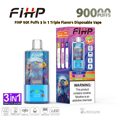 Vape jetable triple saveur FIHP 90K Puffs 3-en-1 avec illustration d'aigle bleu; L'emballage présente les saveurs myrtille, framboise et pêche glacée.