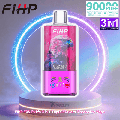Vape usa e getta FIHP con bottiglia rosa e grafica dell'aquila, lampone fragola, display viola, 9000 sbuffi, gusti 3 in 1.