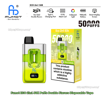 Neongrüner Einweg-Vaporizer mit schwarzem Mundstück neben einer gelbgrünen Box mit der Aufschrift „50.000 Züge“ und „Eco 2in1 50K“.