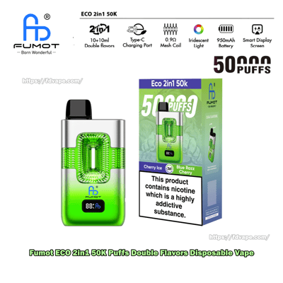 FUMOT Eco 2in1 50K Einweg-Vaporizer in Grün mit silbernem Oberteil, abgebildet mit der Verpackung mit der Werbung für 50K Züge.