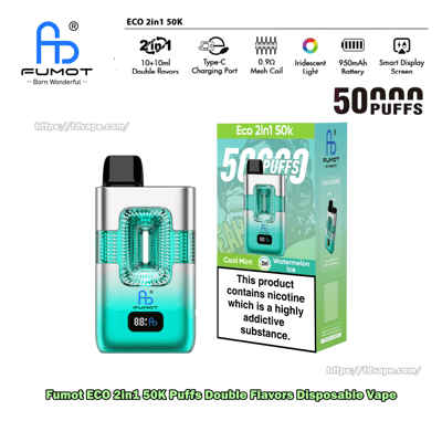 FUMOT ECO 2in1 50K Einweg-Vaporizer mit blaugrünem Farbverlaufskörper und schwarzem Mundstück, abgebildet neben der Minz- und Wassermelonen-Eisgeschmacksbox.