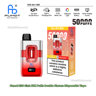 FUMOT ECO 2in1 50K Einweg-Vaporizer mit rotem Farbverlauf und schwarzem Mundstück, abgebildet neben der Verpackung mit der Werbung für 50.000 Züge.