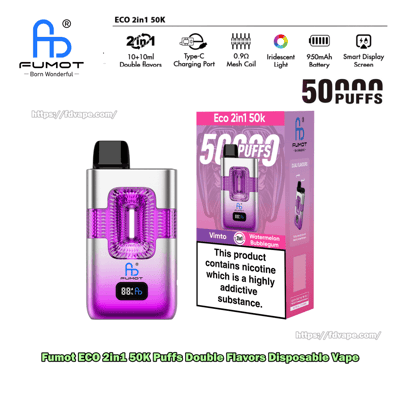 Fumot Eco 2in1 Einweg-Vaporizer mit violettem Farbverlauf und schwarzem Mundstück, abgebildet neben der rosafarbenen Schachtel mit der Werbung für 50.000 Züge.
