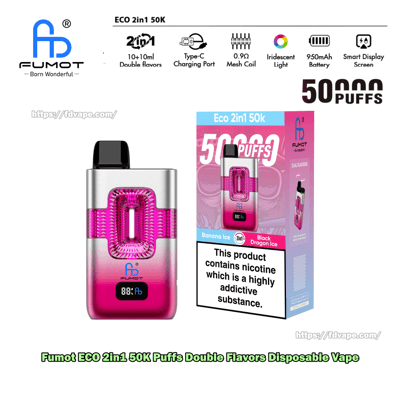 FUMOT Eco 2in1 50K Puffs Einweg-Vaporizer mit rosa Farbverlaufskörper und schwarzem Mundstück, angezeigt in seiner rosa Verpackung.