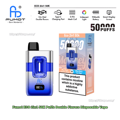 FUMOT ECO 2in1 50K Einweg-Vaporizer mit blauem Farbverlauf und schwarzem Mundstück, abgebildet mit Werbung für 50.000 Züge auf der Verpackung.