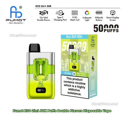 FUMOT ECO 2in1 50K Einweg-Vaporizer mit neongrünem, durchscheinendem Körper und schwarzem Mundstück; Auf der Verpackung sind 50.000 Züge angegeben.