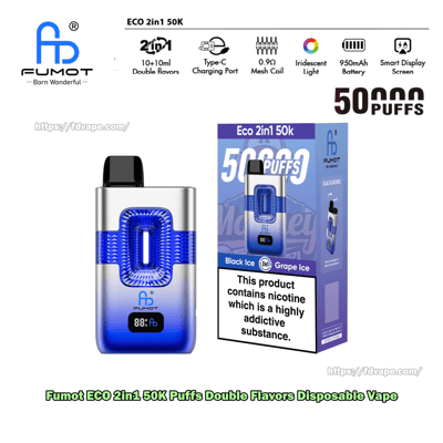 Blauer Farbverlauf-FUMOT ECO 2in1-Einweg-Vaporizer mit kleinem Display, neben der Schachtel mit der Aufschrift „50.000 Züge“ abgebildet.