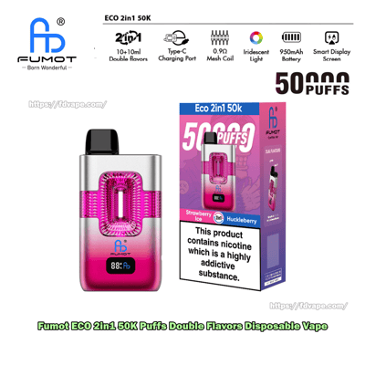 Rosa Farbverlauf FUMOT ECO 2in1 Einweg-Vaporizer mit schwarzem Mundstück, abgebildet neben der violetten Schachtel mit der Aufschrift 50.000 Züge.