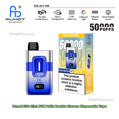 Blauer Farbverlauf FUMOT Eco 2in1 50K Einweg-Vaporizer mit Mundstück und Display, abgebildet neben der Verpackung, die 50.000 Züge anzeigt.