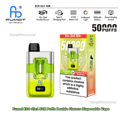 FUMOT Eco 2in1 50K Einweg-Vaporizer mit neongrünem Gehäuse und schwarzem Mundstück, abgebildet neben der 50K Puffs-Verpackung.