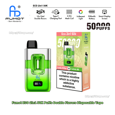 FUMOT ECO 2in1 50K Einweg-Vape-Gerät in Grün mit silberner Oberseite und Digitalanzeige neben der 50K Puffs-Box.