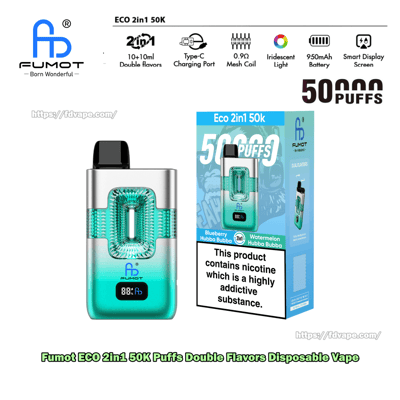 FUMOT ECO 2in1 50K Einweg-Vaporizer mit türkisfarbenem Körper und schwarzem Mundstück neben blauer Box mit der Aufschrift 50K Züge