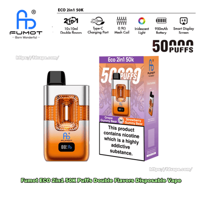 Fumot ECO 2in1 50K Einweg-Vaporizer mit orangefarbenem Farbverlaufskörper und schwarzem Mundstück, abgebildet mit seiner violetten Box.