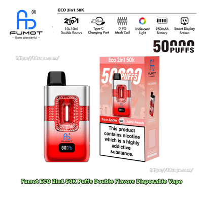 Roter, durchscheinender Einweg-Vaporizer mit schwarzem Mundstück und Digitalanzeige, abgebildet neben der rosa Eco 2in1 50K Puffs-Verpackung.