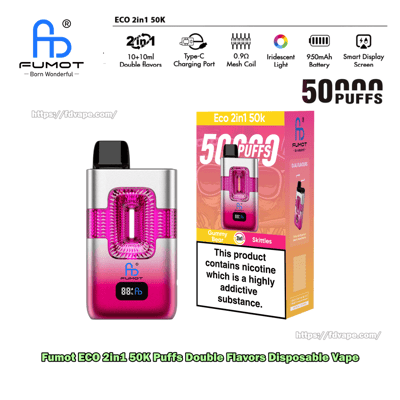 Pinkfarbener und silberner FUMOT ECO 2in1-Einweg-Vaporizer mit schwarzem Mundstück und einer pinkfarbenen 50.000-Züge-Box mit Nikotinwarnhinweis.