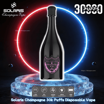 Black Solaris Champagne Vape bottle with pink shield label on a crystal pedestal, set against a red and blue neon ring, 30k puffs disposable vape.
