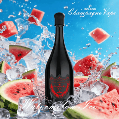 Black champagne bottle with red crest label sits in ice among watermelon slices with splashing water, labeled Watermelon Ice.