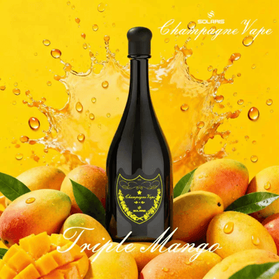 Dark champagne bottle with a gold label set among ripe mangoes against a yellow splash background, reading Triple Mango.