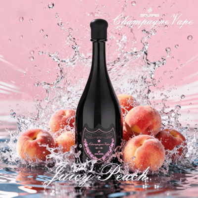 Glossy black champagne bottle with a pink-peach label, surrounded by peaches and a splash of water against a pink backdrop, Juicy Peach.