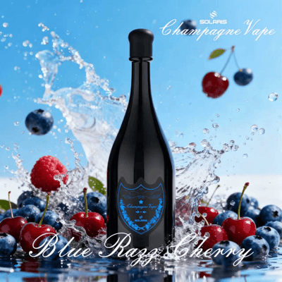 A tall dark glass champagne bottle with a black cap sits amid splashing water, surrounded by blueberries and raspberries against a bright blue sky.