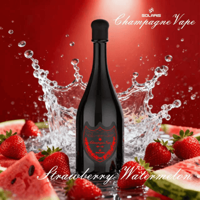 Dark bottle with black cap center, water splash around, strawberries and watermelon at the base; flavor: Strawberry Watermelon.