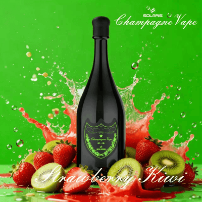 Dark champagne bottle with a green crest label amid splashy liquid, surrounded by strawberries and kiwis on a bright green background.