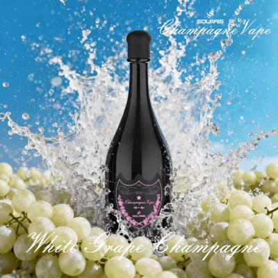 Dark champagne bottle with a pink label amid a splash of water, surrounded by green grapes against a blue background.
