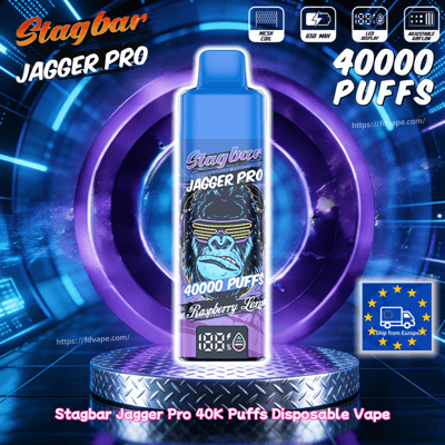 Blue Stagbar Jagger Pro disposable vape featuring a gorilla with sunglasses and 40,000 puffs, set against a neon futuristic backdrop.