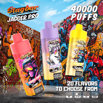 Three colorful Stagbar Jagger Pro vape bottles against a graffiti wall and blue sky, advertising 40000 puffs and 20 flavors.