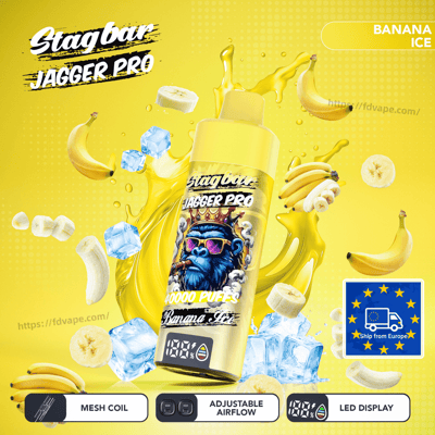 Vape bottle labeled Stagbar Jagger Pro Banana Ice, featuring a crowned monkey on the label with bananas and ice.