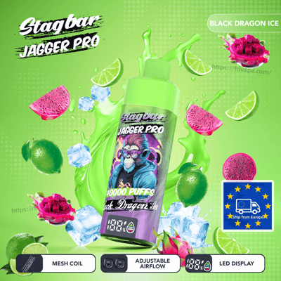 Stagbar Jagger Pro vape bottle with a monkey illustration on the label, surrounded by lime wedges, dragon fruit, watermelon.