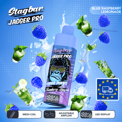 Stagbar Jagger Pro vape bottle with neon gorilla, Blue Raspberry Lemonade flavor, surrounded by raspberries, ice, and lime.