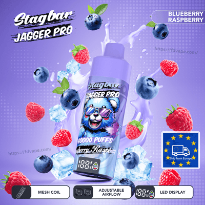 Purple Stagbar Jagger Pro vape bottle with a blue bear wearing sunglasses, amid raspberries, blueberries, and ice.