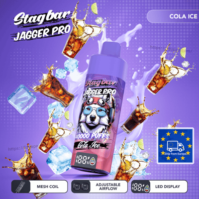 Purple Stagbar Jagger Pro vape bottle featuring a cartoon dog with goggles, Cola Ice flavor, ice cubes and cola splashes.
