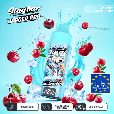 Light blue vape bottle with a wolf mascot and Stagbar Jagger Pro label, surrounded by cherries and ice with a blue splash.