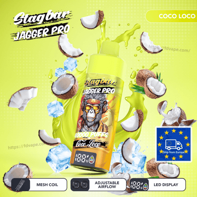 Vape bottle labeled Jagger Pro Coco Loco with monkey graphic, surrounded by coconuts and ice; mesh coil, adjustable airflow.