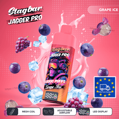 Stagbar Jagger Pro grape ice vape bottle centered among grapes, blueberries and ice cubes with pink splash and Ship from Europe badge