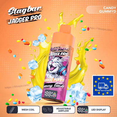Stagbar Jagger Pro Candy Gummy ad with pink vape bottle featuring cat logo, yellow splash, ice cubes and candy pills.