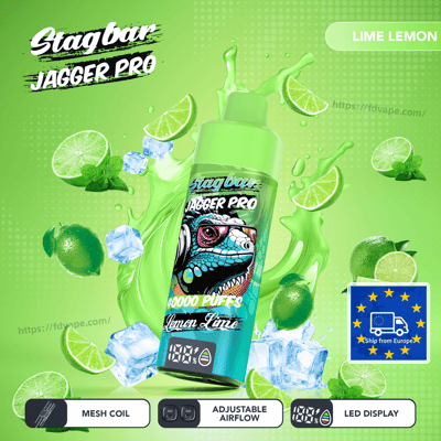 Stagbar Jagger Pro lime lemon vape bottle with a dinosaur label, lime wedges, ice, and green splash; features mesh coil, adjustable airflow, LED display