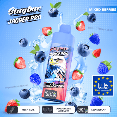 Stagbar Jagger Pro vape bottle with an eagle on the label, surrounded by mixed berries and ice on a blue background
