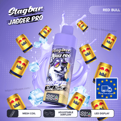 Stagbar Jagger Pro vape bottle with wolf logo and 10000 puffs, amid floating Red Bull cans on a purple splash background.