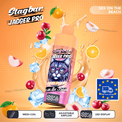 Stagbar Jagger Pro vape bottle with a label featuring a cat wearing glasses, set among oranges, cherries, peaches, ice cubes and an orange splash.