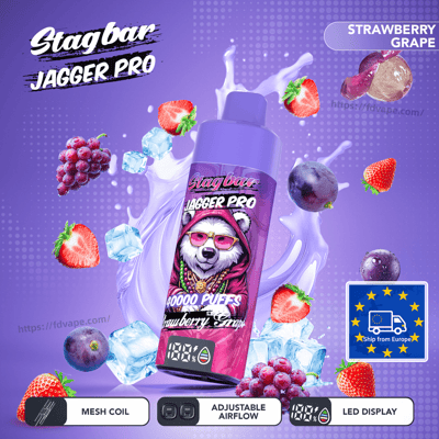 Purple Stagbar Jagger Pro vape bottle with a panda mascot, 10000 puffs, strawberry grape flavor, surrounded by fruit and ice
