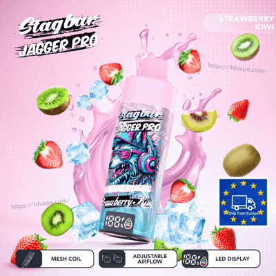 Vape bottle labeled Stagbar Jagger Pro with strawberry-kiwi flavor and artwork, surrounded by strawberries, kiwis and ice.