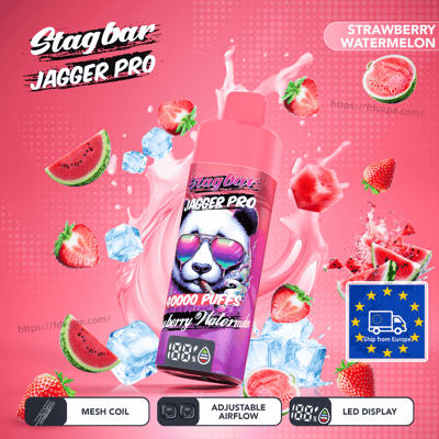 Stagbar Jagger Pro strawberry watermelon e-liquid bottle with panda wearing sunglasses, surrounded by fruit and ice on pink.