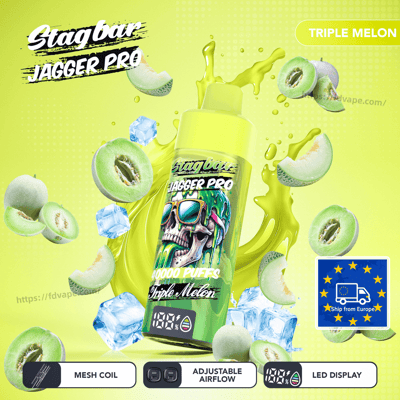 Neon-green Stagbar Jagger Pro vape bottle with skull artwork for Triple Melon flavor, surrounded by melon slices and ice.