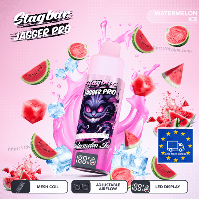 Pink Stagbar Jagger Pro Watermelon Ice bottle with a dark cat label, surrounded by watermelon slices and ice.