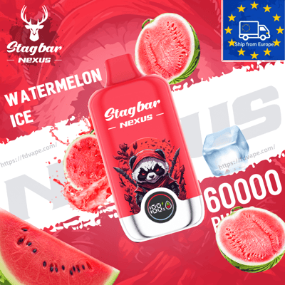 Red Stagbar Nexus Watermelon Ice vape bottle with panda mascot on the label, set among watermelon slices and a frosty ice cube.